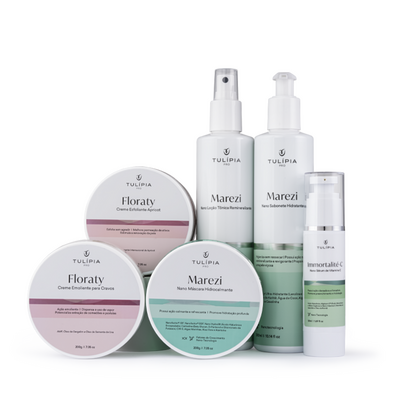 Imagem em 3D do cosmético KIT LIMPEZA DE PELE - ESTETICISTA INICIANTE (MAREZI NANO LOÇÃO TÔNICA REMINERALIZANTE 300ML, MAREZI NANO SABONETE HIDRATANTE 300ML, FLORATY CREME ESFOLIANTE 200G, FLORATY CREME AMOLECEDOR DE CRAVOS 200G, MAREZI NANO MÁSCARA HIDROCALMANTE 200G, IMMORTALITÉ-C NANO SÉRUM CLAREADOR 50ML)