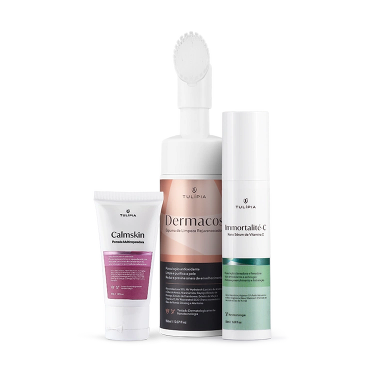Foto do cosmético COMBO PÓS PEELING REGENERATIVO (DERMACOS ESPUMA DE LIMPEZA REJUVENESCEDORA 150ML, CALMSKIN POMADA MULTI REPARADORA 30G, IMMORTALITÉ-C NANO SÉRUM DE VITAMINA C 50ML)