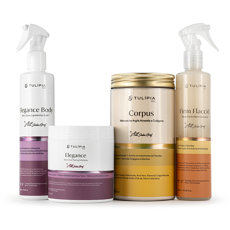 Foto do cosmético KIT ANA JÚLIA GRAF (CORPUS MÁSCARA DE ARGILA E COLÁGENO FLACI10 1KG, FIRM FLACCID NANO FLUIDO REMINERALIZANTE 300ML, ELEGANCE BODY NANO SPRAY LIPOTÉRMICO 5 EM 1 300ML, ELEGANCE NANO DUAL-PEELING ESFOLIANTE 500G)