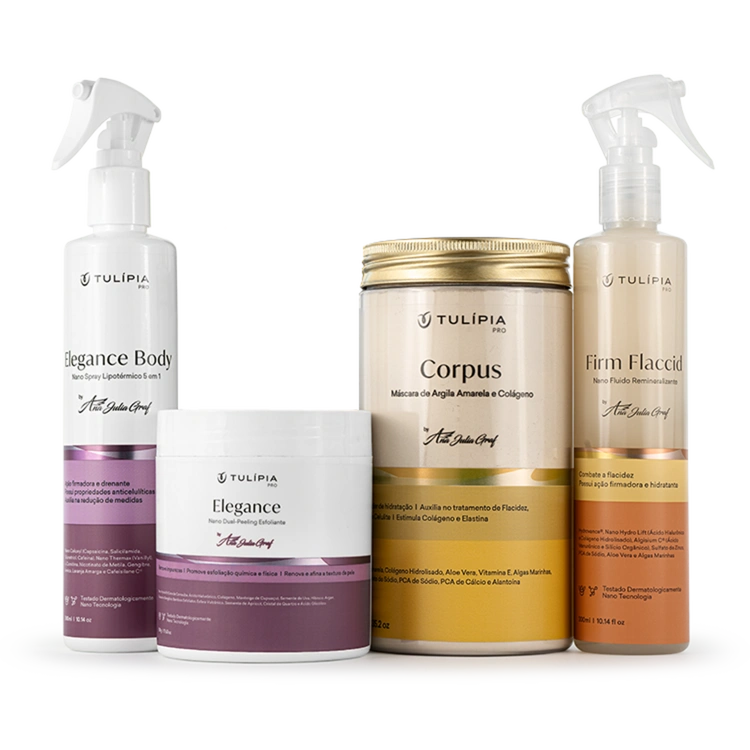 Foto do cosmético KIT ANA JÚLIA GRAF (CORPUS MÁSCARA DE ARGILA E COLÁGENO FLACI10 1KG, FIRM FLACCID NANO FLUIDO REMINERALIZANTE 300ML, ELEGANCE BODY NANO SPRAY LIPOTÉRMICO 5 EM 1 300ML, ELEGANCE NANO DUAL-PEELING ESFOLIANTE 500G)