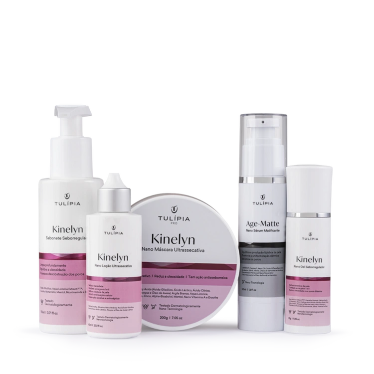 Foto do cosmético KIT ANTIACNE PROFISSIONAL (KINELYN NANO GEL SEBORREGULADOR 30G, KINELYN NANO LOÇÃO ULTRASSECATIVA 60ML, KINELYN NANO MÁSCARA ULTRASSECATIVA 200G, KINELYN SABONETE SEBORREGULADOR 230ML, AGE-MATTE NANO SÉRUM MATIFICANTE 50ML)