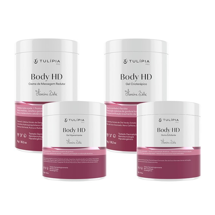 Foto do cosmético KIT BODY HD CORPORAL (BODY HD CREME DE MASSAGEM REDUTOR 1KG, BODY HD GEL HIPEREMIANTE 500G, BODY HD GOMA ESFOLIANTE 500G, BODY HD GEL CRIOTERÁPICO 1KG)