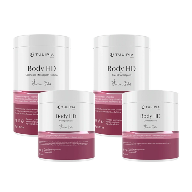 Foto do cosmético KIT BODY HD CORPORAL (BODY HD CREME DE MASSAGEM REDUTOR 1KG, BODY HD GEL HIPEREMIANTE 500G, BODY HD GOMA ESFOLIANTE 500G, BODY HD GEL CRIOTERÁPICO 1KG)