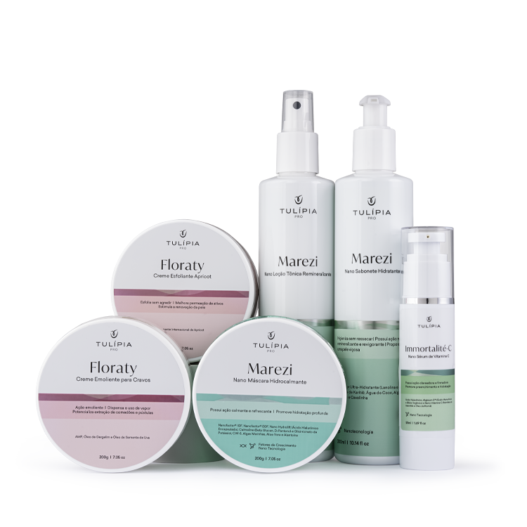 Foto do cosmético KIT LIMPEZA DE PELE - ESTETICISTA INICIANTE (MAREZI NANO LOÇÃO TÔNICA REMINERALIZANTE 300ML, MAREZI NANO SABONETE HIDRATANTE 300ML, FLORATY CREME ESFOLIANTE 200G, FLORATY CREME AMOLECEDOR DE CRAVOS 200G, MAREZI NANO MÁSCARA HIDROCALMANTE 200G, IMMORTALITÉ-C NANO SÉRUM CLAREADOR 50ML)