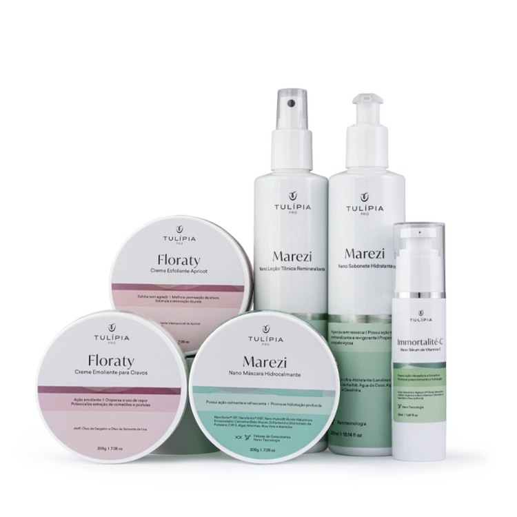 Foto do cosmético KIT LIMPEZA DE PELE - ESTETICISTA INICIANTE (MAREZI NANO LOÇÃO TÔNICA REMINERALIZANTE 300ML, MAREZI NANO SABONETE HIDRATANTE 300ML, FLORATY CREME ESFOLIANTE 200G, FLORATY CREME AMOLECEDOR DE CRAVOS 200G, MAREZI NANO MÁSCARA HIDROCALMANTE 200G, IMMORTALITÉ-C NANO SÉRUM CLAREADOR 50ML)