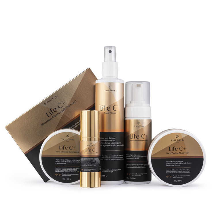 Foto do cosmético KIT LIFE C+ PRO (NANO SABONETE MOUSSE PROFISSIONAL, NANO TÔNICO PROFISSIONAL, NANO MÁSCARA ILUMINADORA, NANO MONODOSE  CLAREADORA E NANO PEELING ABRASIVO C, SERUM)