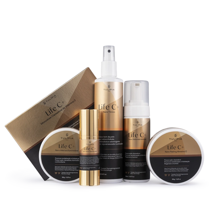 Foto do cosmético KIT LIFE C+ PRO (NANO SABONETE MOUSSE PROFISSIONAL, NANO TÔNICO PROFISSIONAL, NANO MÁSCARA ILUMINADORA, NANO MONODOSE  CLAREADORA E NANO PEELING ABRASIVO C, SERUM)