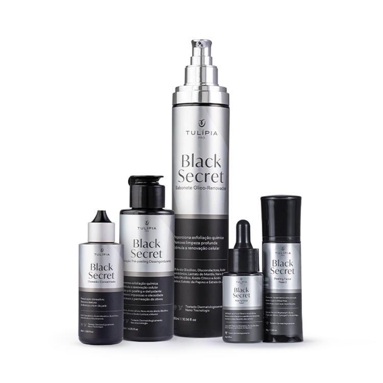 Foto do cosmético KIT PEELING BLACK SECRET PREMIUM (BLACK SECRET SABONETE GLICO-RENOVADOR 300ML, BLACK SECRET SOLUÇÃO PRÉ-PEELING DESENGORDURANTE 120ML, BLACK SECRET PEELING FACIAL 2 FASES, BLACK SECRET CLAREADOR CONCENTRADO 60ML)