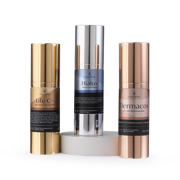 Foto do cosmético KIT SÉRUNS PREMIUM (HIALUX SÉRUM PREENCHEDOR 30ML, DERMACOS BOOSTER REJUVENESCEDOR 30ML, LIFE C+ NANO SÉRUM CLAREADOR 20% 30ML)