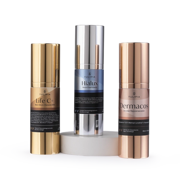 Foto do cosmético KIT SÉRUNS PREMIUM (HIALUX SÉRUM PREENCHEDOR 30ML, DERMACOS BOOSTER REJUVENESCEDOR 30ML, LIFE C+ NANO SÉRUM CLAREADOR 20% 30ML)