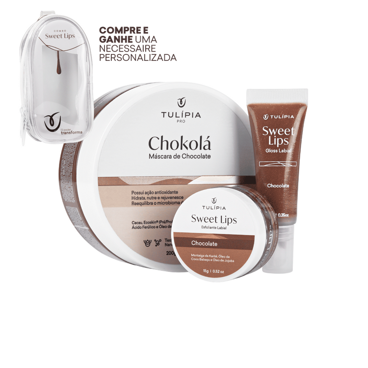 KIT SWEET LIPS CHOKOLÁ (GLOSS E ESFOLIANTE LABIAIS DE CHOCOLATE; MÁSCARA CHOKOLÁ)